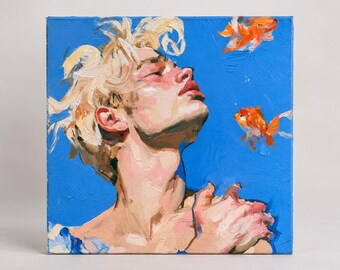 Goldfish Boy Canvas Print Colorful Male Portrait Wall Art Blue and Orange Fish Painting Romantic Figurative Art
