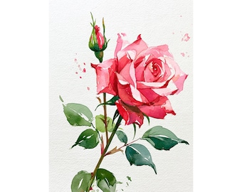 Pink Rose Watercolor Print Botanical Floral Wall Art Romantic Flower Poster Cottagecore Garden Decor