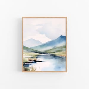 ウィンダミア湖の水彩画 霧の山々の水彩画アートプリント 湖水地方の風景画
