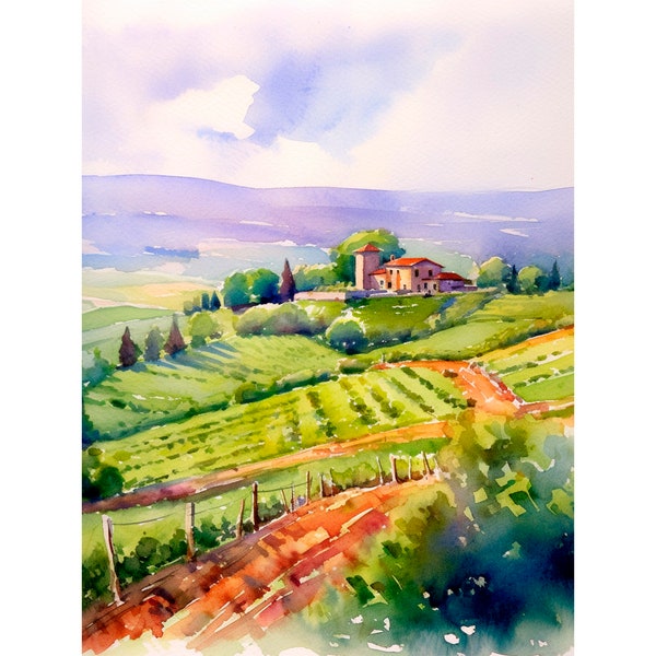 Stampa artistica dell'acquerello del Chianti, pittura di paesaggio toscano, poster artistico del vigneto italiano