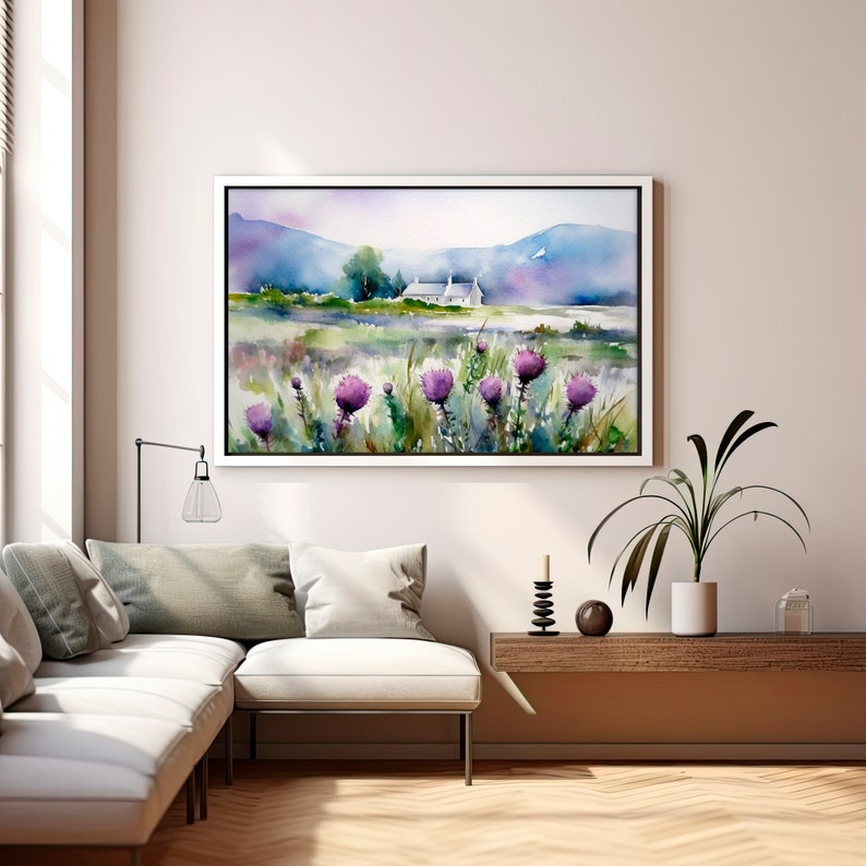 May include: A watercolor painting of a white cottage in a field with purple wildflowers. The cottage is set against a backdrop of rolling hills and a blue sky.