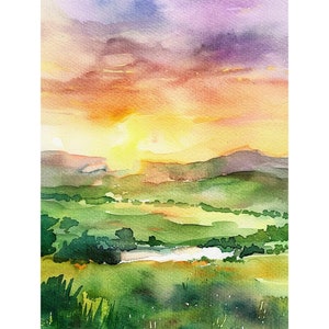Ireland Watercolor Painting Irish Landscape Watercolor Art Print Sunset Meadow Fields Artwork Travel Art Poster by FeelingPrints