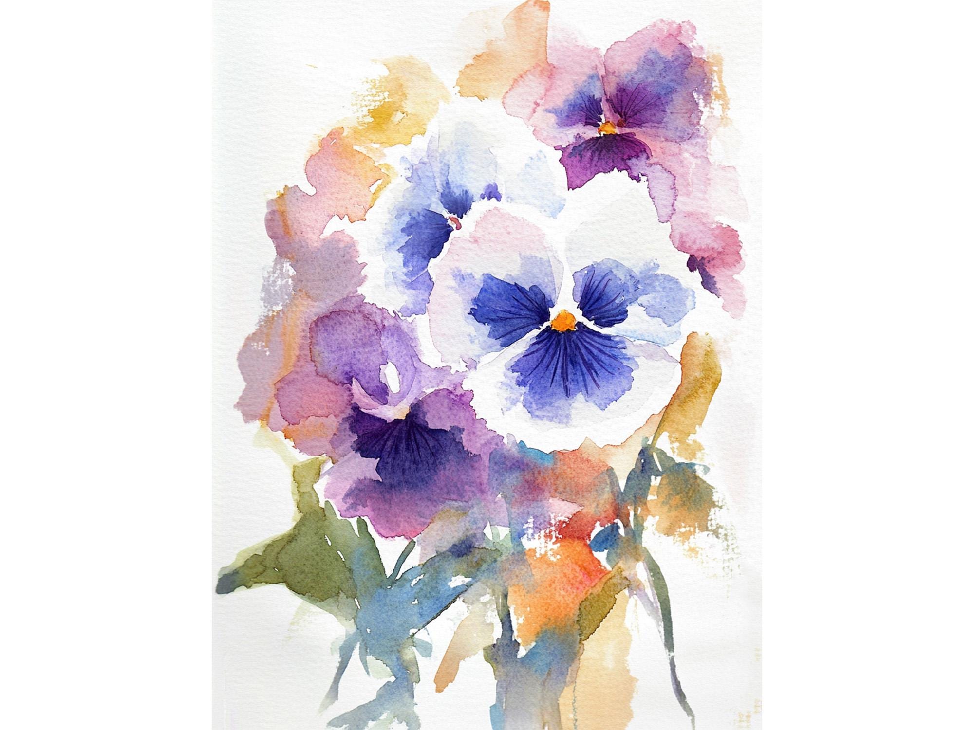 パンジーの花の水彩画 花の水彩画アートプリント 彼女へのギフト