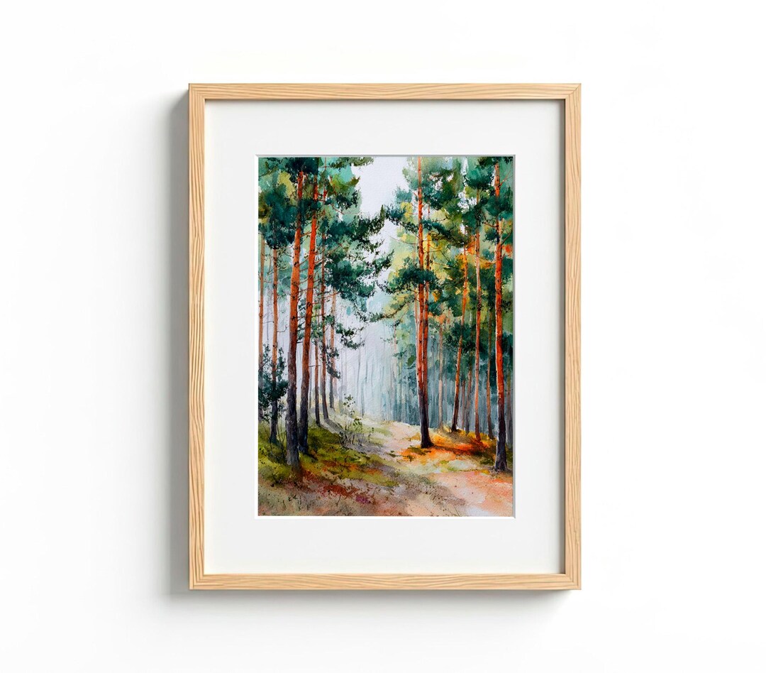 Pine Forest Watercolor Painting Art Print on Paper Woodland Wall Art ...