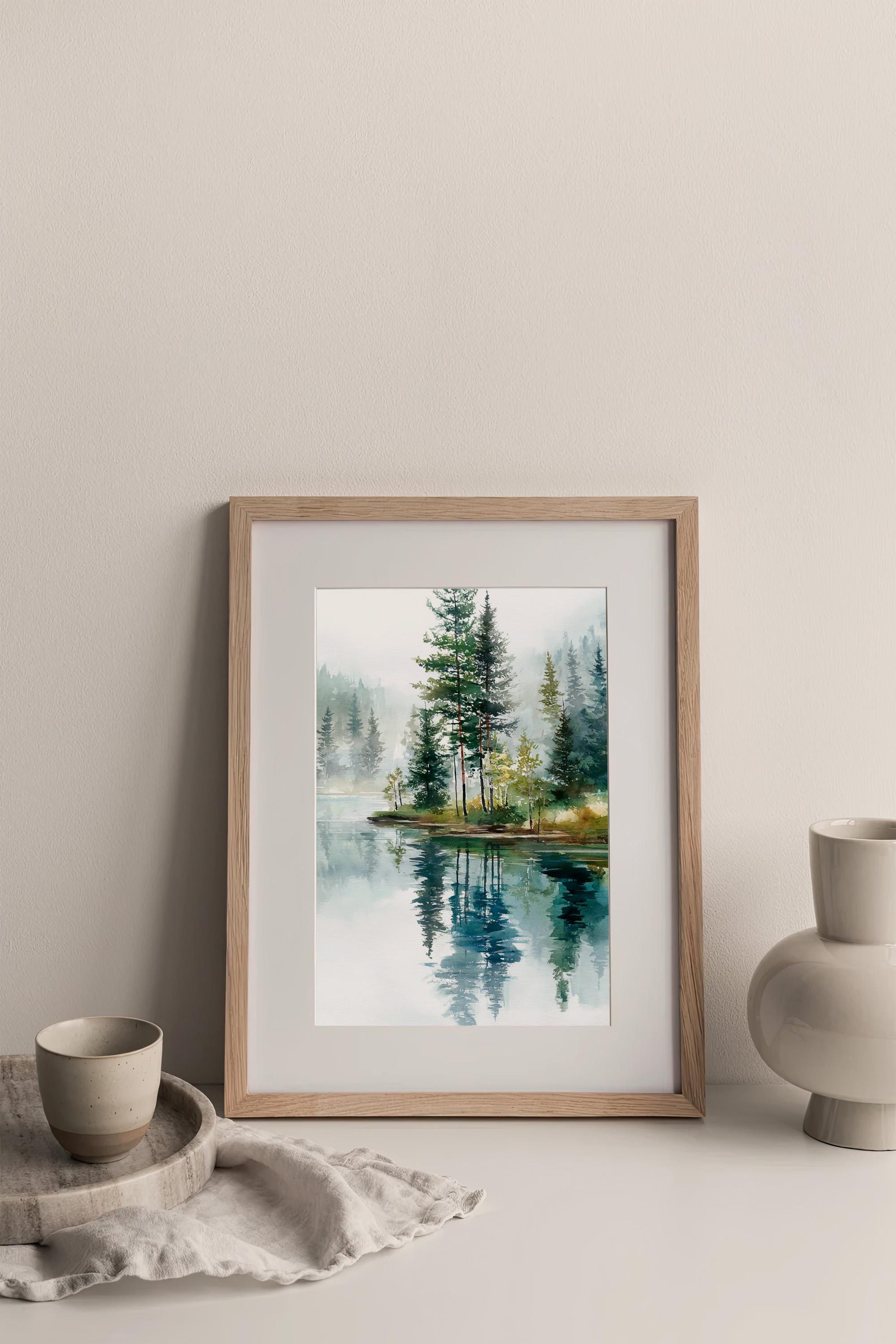 Misty Forest Lake Watercolor Print Evergreen Trees Reflection Wall Art ...