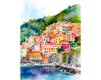 ポジターノ 水彩画 イタリア 風景画 アートプリント 都市景観 アートワーク 旅行 アートポスター