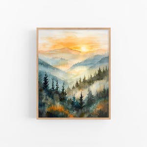 Smoky Mountains Watercolor Art Print Foggy Forest Mountains Painting Pine Forest Wall Art Travel Gifts by FeelingPrints