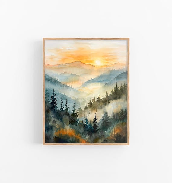 Smoky Mountains Watercolor Art Print Foggy Forest Mountains Painting Pine Forest Wall Art Travel Gifts by FeelingPrints
