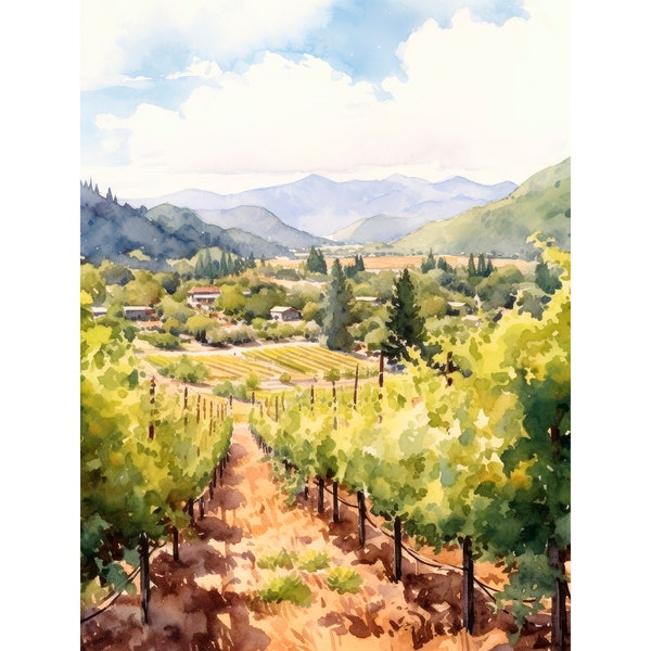 Napa Valley Watercolor Art Print California Landscape Wall Art Vineyard Artwork