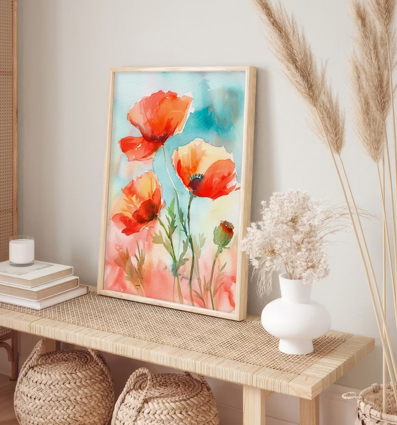 Red Poppy Watercolor Art Print Floral Artwork Rustic Wall Art Print ...