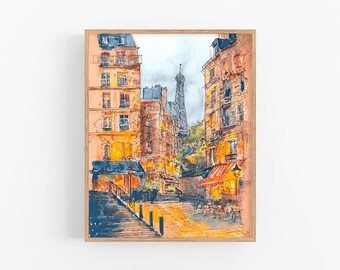 Pintura de acuarela de París: Arte mural con paisaje urbano de la Torre Eiffel, ilustración de cafeterías callejeras de París, arquitectura francesa, decoración de viajes de FeelingPrints