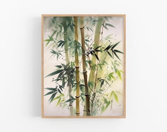May include: A watercolor painting of a group of bamboo stalks with green leaves against a light background. The painting is framed in a light wood frame.