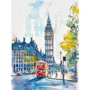 ロンドンの絵画 ビッグベン 水彩画 アートプリント イギリスの都市景観 壁アート 装飾 旅行ギフト FeelingPrints
