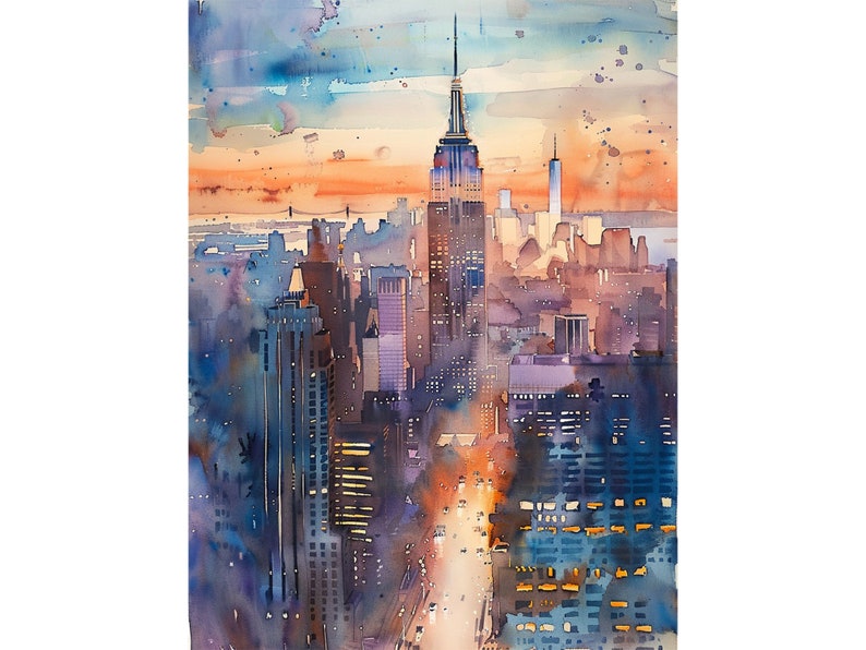 New York Sunset Skyline Watercolor Painting NYC Art Print Cityscape ...