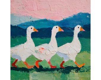 Three Geese Oil Painting Art Print Artwork Wall Art on Canvas Farmhouse Kitchen Decor Country Gift by FeelingPrints