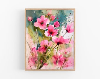 Pink Daisy Watercolor Art Print: Floral Meadow Wall Decor