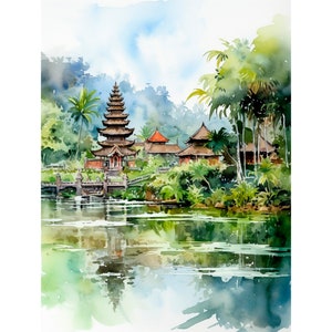 Impresión de arte de acuarela de la isla de Bali Pintura de paisaje de Indonesia Impresión de arte de viaje