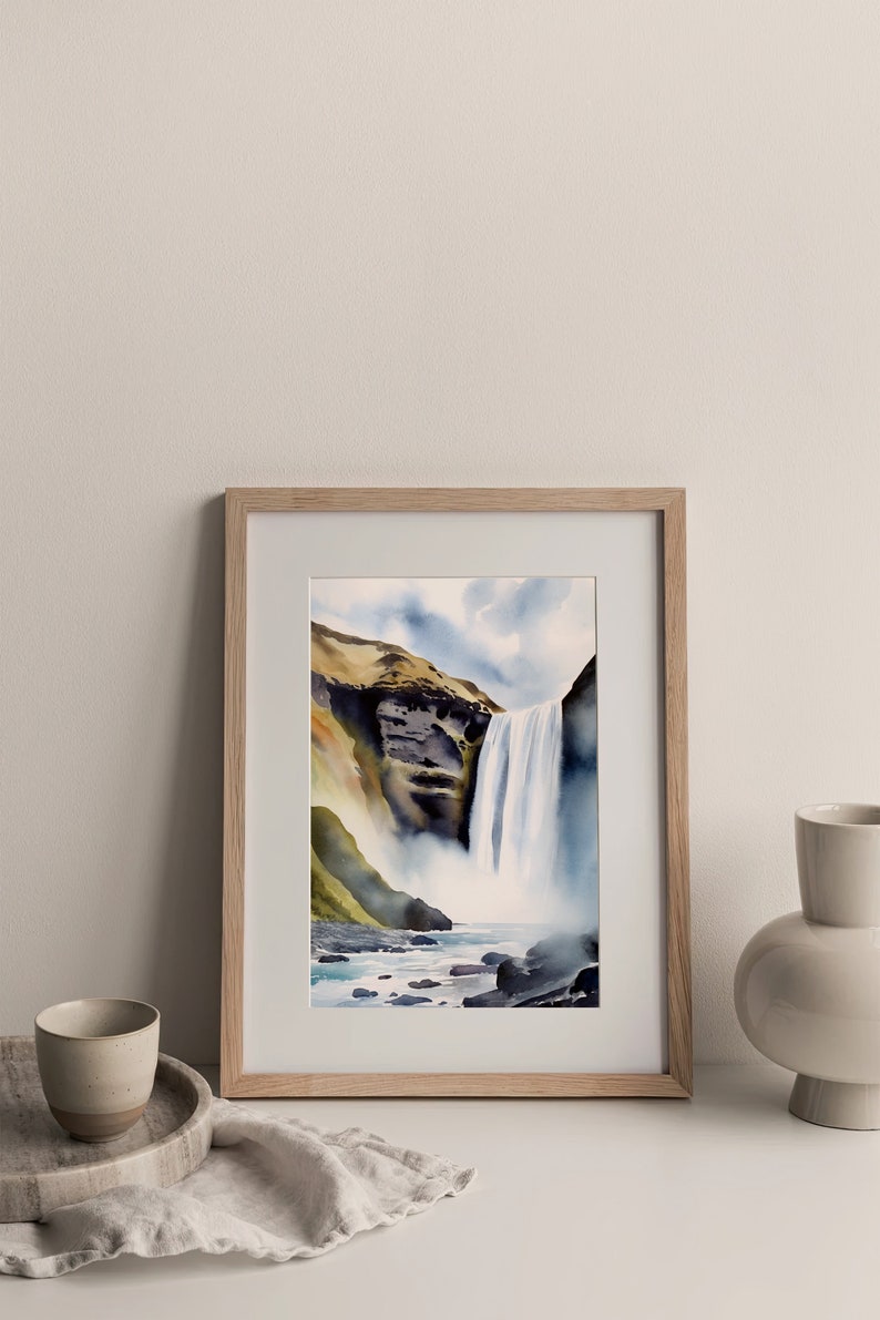 Skogafoss Fall Watercolor Art Print Iceland Landscape Travel Art Poster ...