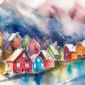Stampa artistica ad acquerello di un villaggio nordico, case scandinave, dipinto di un paesaggio norvegese, poster da parete, decorazione di FeelingPrints