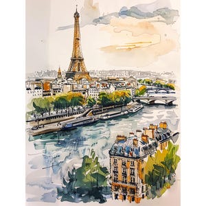 Paris Art Print France Cityscape Watercolor Wall Art Eiffel Tower Watercolor Art Decor Travel Art Print by FeelingPrints