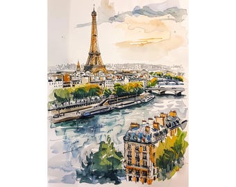 Impresión artística de París, paisaje urbano francés, acuarela, arte mural, Torre Eiffel, acuarela, decoración, impresión artística de viaje de FeelingPrints