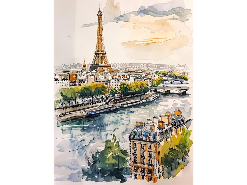 Puede incluir: Pintura acuarela de la Torre Eiffel en Par&iacute;s, Francia. La pintura muestra la torre desde la distancia, con el r&iacute;o Sena y un puente en primer plano. El cielo es azul claro con nubes blancas.