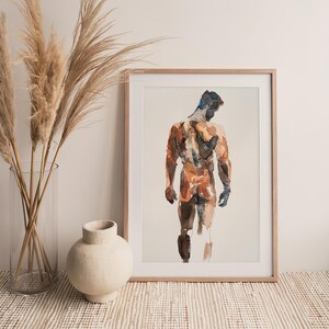 K&ouml;nnte beinhalten: Ein Aquarellbild einer nackten Figur, die mit dem R&uuml;cken zum Betrachter steht. Die Figur ist in Braun-, Orange- und Blaut&ouml;nen gemalt. Das Bild ist in einem einfachen Holzrahmen gerahmt.