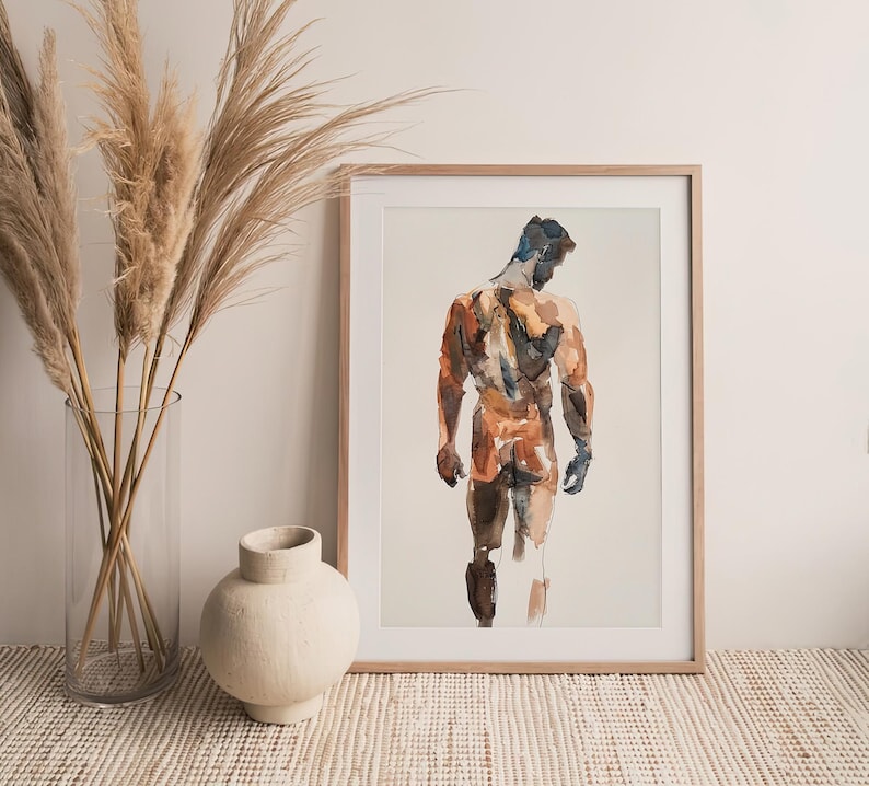 K&ouml;nnte beinhalten: Ein Aquarellbild einer nackten Figur, die mit dem R&uuml;cken zum Betrachter steht. Die Figur ist in Braun-, Orange- und Blaut&ouml;nen gemalt. Das Bild ist in einem einfachen Holzrahmen gerahmt.