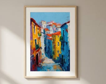 Lisbon Street Oil Painting Colorful Cityscape Wall Art Print Impressionist Town Landscape Architecture Artwork Gift by FeelingPrints