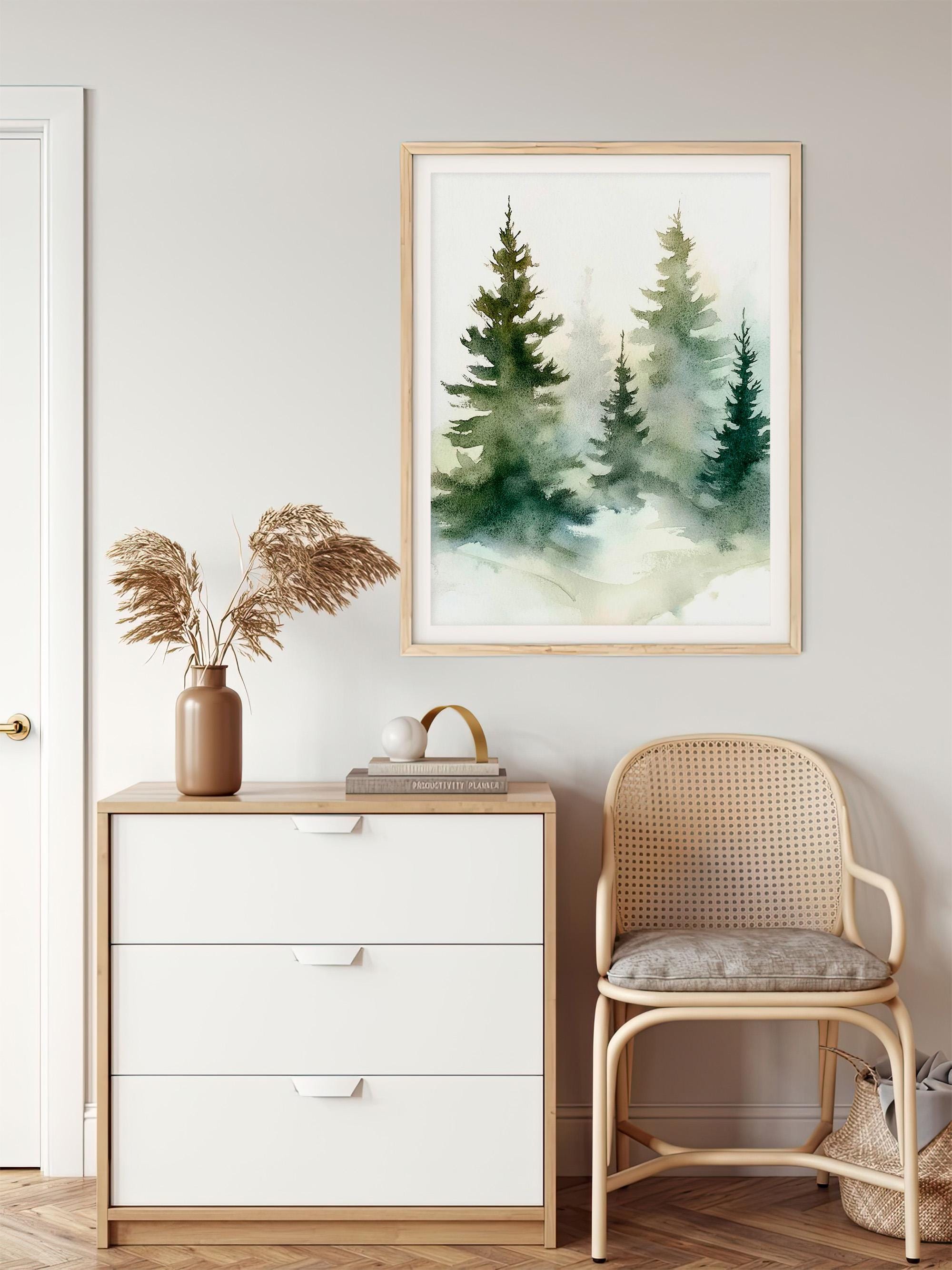 Foggy Pine Trees Watercolor Art Print Misty Pine Forest Watercolor ...