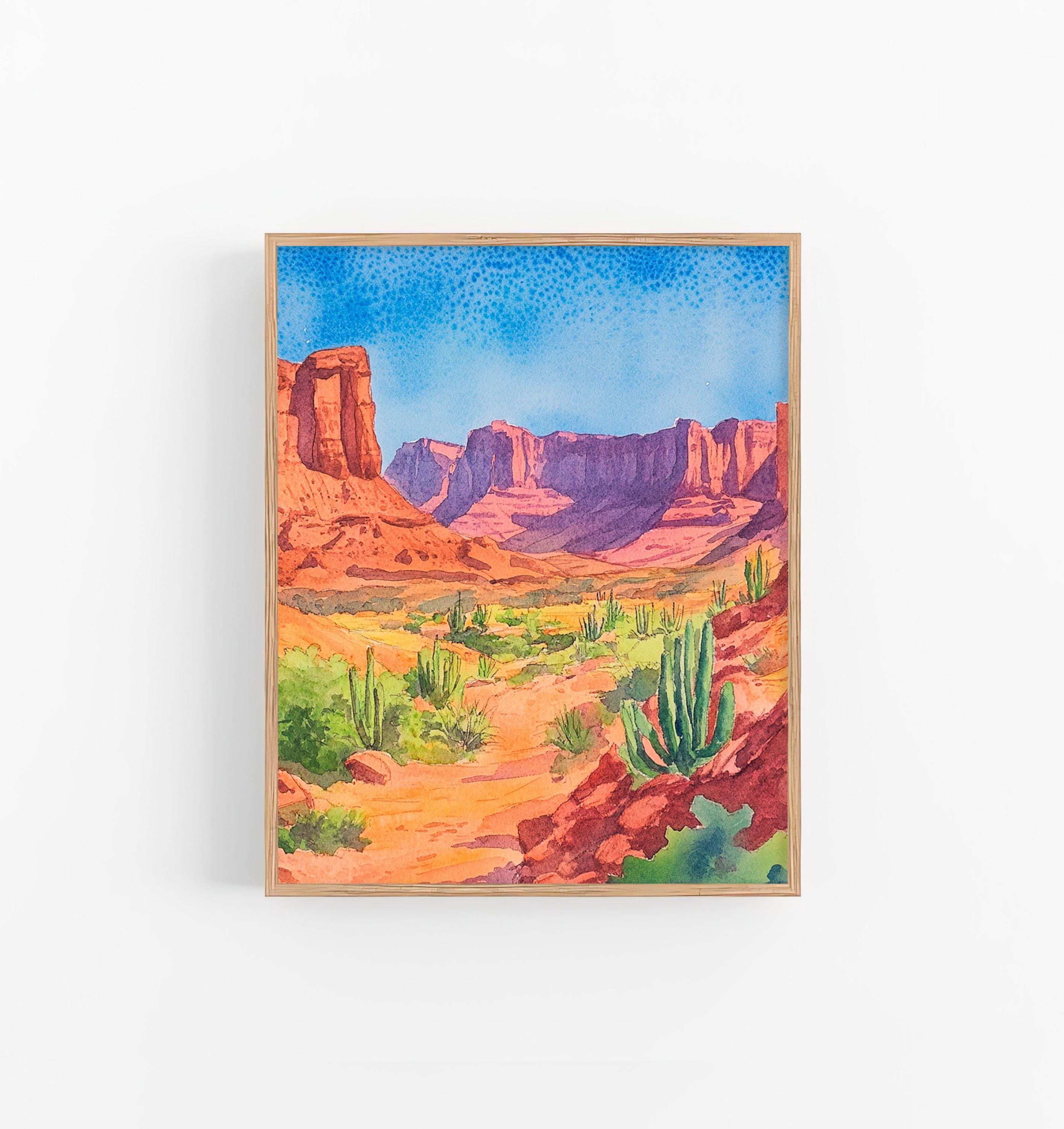 アリゾナ砂漠の水彩画、テキサスの風景画、水彩画アートプリント