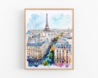 Impresión artística de acuarela de la ciudad de París, pintura de acuarela del paisaje urbano francés, póster de arte mural de la Torre Eiffel, regalo de FeelingPrints