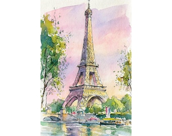 Eiffel Tower Watercolor Print Paris Wall Art French Travel Painting Paris Architecture Decor