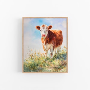 Cow Watercolor Painting Farm Animal Art Print Country Wall Decor Calf Artwork Pastoral Field Scene by FeelingPrints