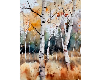 May include: A watercolour painting depicting a forest scene with birch trees. The trees feature white bark with black markings, set against warm orange and brown tones. The artwork evokes the atmosphere of an autumnal landscape.
