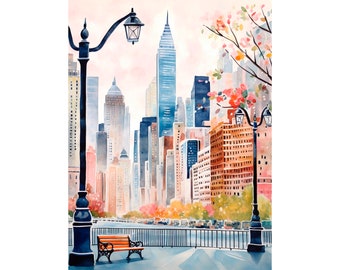 May include: A watercolor painting of a city skyline with a street lamp and a bench in the foreground. The buildings are painted in shades of blue, gray, and pink, and the sky is a soft pink. There are trees with pink flowers in the background.