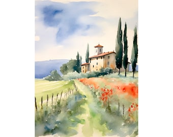 Tuscany Countryside Watercolor Art Print Poppy Fields Watercolor Painting Italian Landscape Art Poster