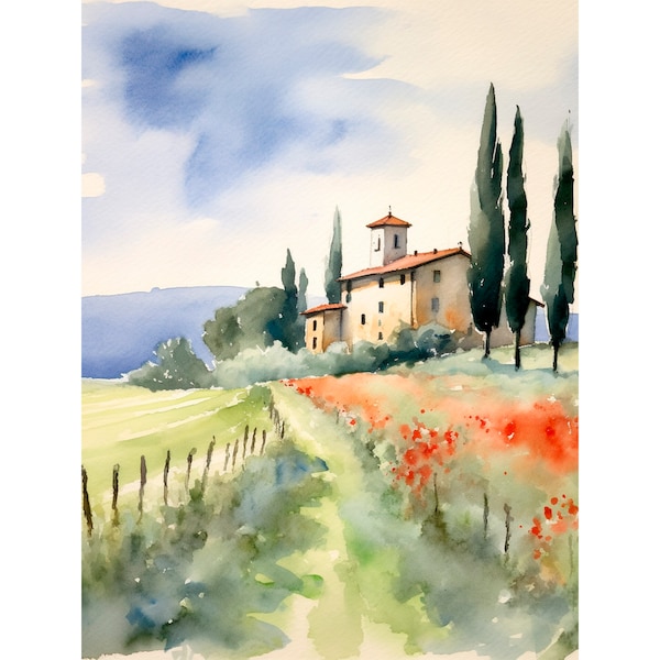 Tuscany Countryside Watercolor Art Print Poppy Fields Watercolor Painting Italian Landscape Art Poster