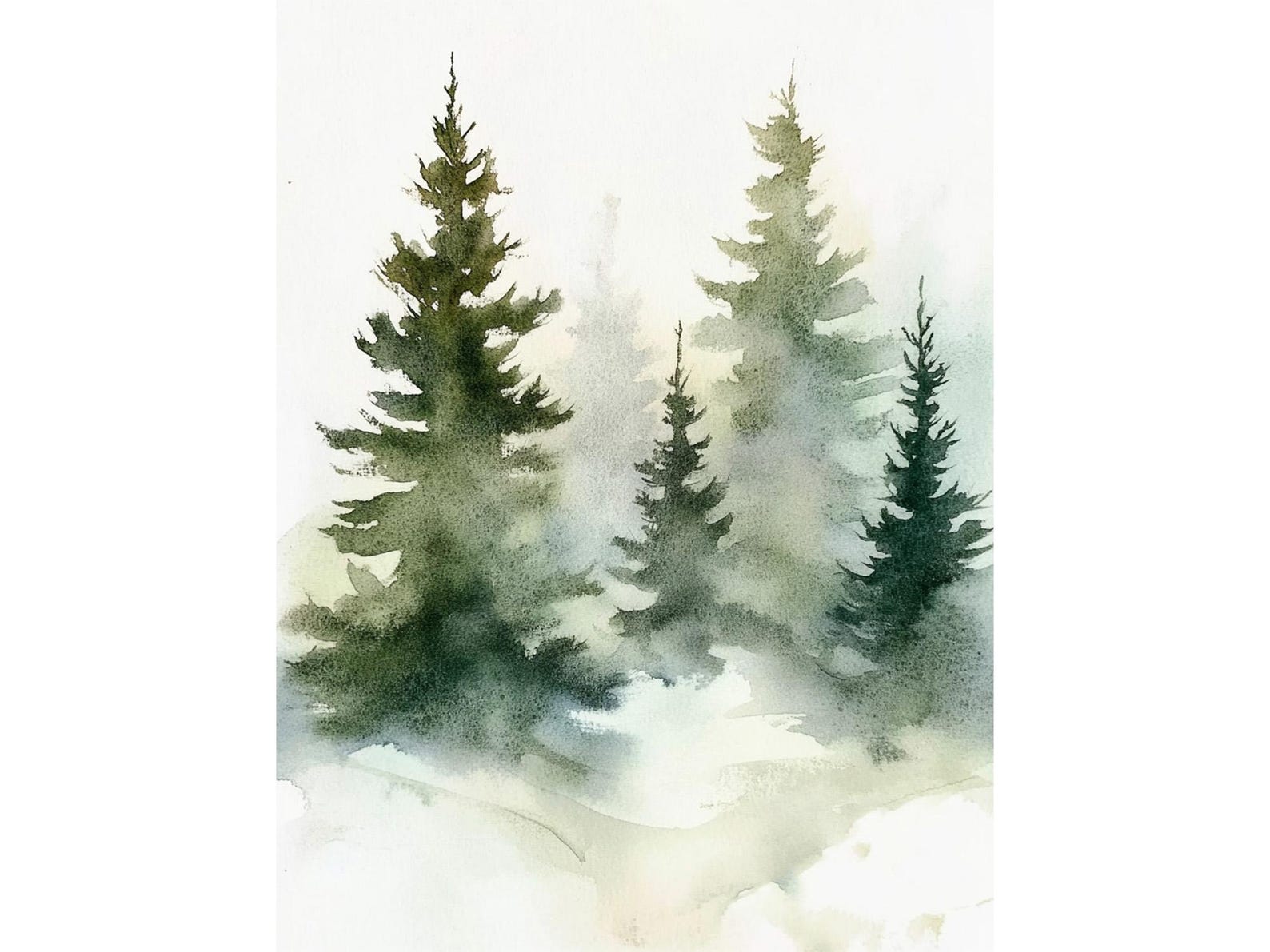 Foggy Pine Trees Watercolor Art Print Misty Pine Forest Watercolor ...