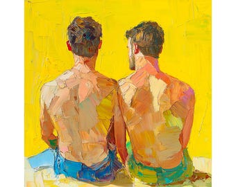 Dos hombres homosexuales, pintura al óleo con técnica impasto: Impresión artística figurativa moderna, arte expresionista masculino, por FeelingPrints