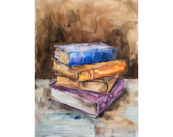 Boeken aquarel schilderij oude boeken bibliotheek kunstafdruk boeken boerderij muur kunst decor door FeelingPrints