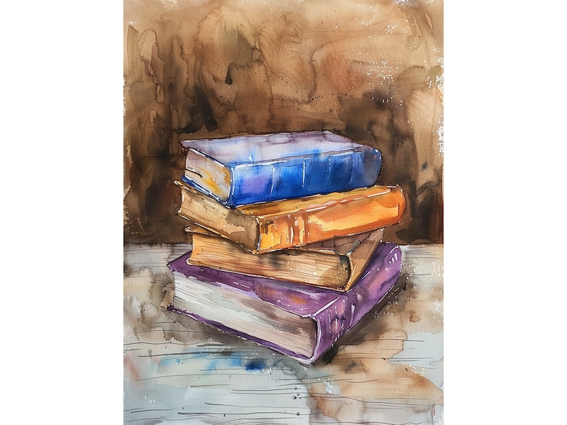 Books Watercolor Painting Old Book Library Art Print Books Farmhouse