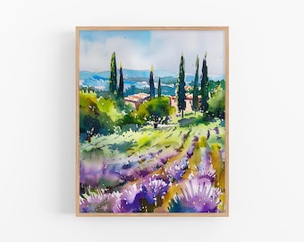 May include: Watercolor painting of a lavender field in the French countryside. The painting features a row of cypress trees, a small village in the distance, and a field of purple lavender flowers.