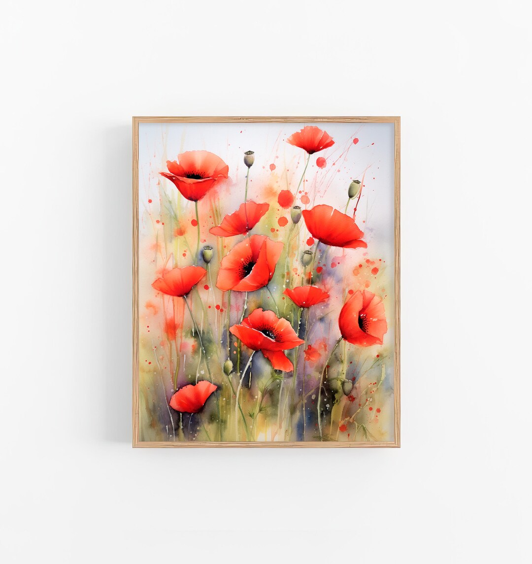Red Poppies Fields Watercolor Art Print Floral Painting Flowers ...