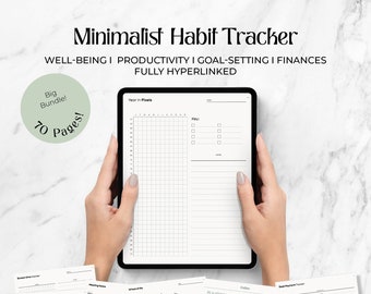 Digital Planner & Habit Tracker - Minimalist Aesthetic Monthly Trackers Bundle - For ADHD, Self-Care, Productivity, Finances + Daily Tasks