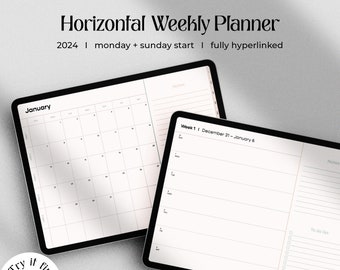 Horizontal Planner for Goodnotes + iPad | Weekly & Monthly 2024 Digital Planner | Simple + Aesthetic Design I Weekly Planner Landscape