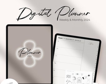 Digital Planner Weekly 2024 | Weekly & Monthly Dated Planner | Digital Planner iPad + Goodnotes | Simple Digital Planner + Digital Stickers