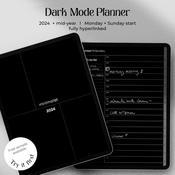 Digital Planner Dark Mode 2024 I Minimal Aesthetic Design, Perfect for Work & Daily Planning on iPad I 2024 Digital Business Planner