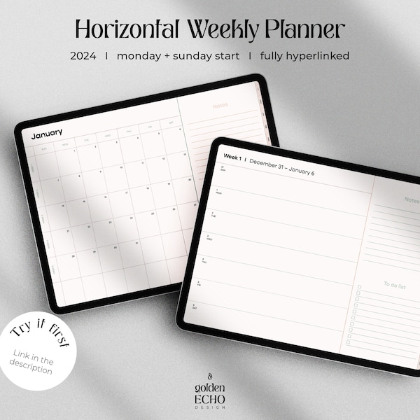 Horizontal Planner for Goodnotes + iPad | Weekly & Monthly 2024 Digital Planner | Simple + Aesthetic Design I Weekly Planner Landscape
