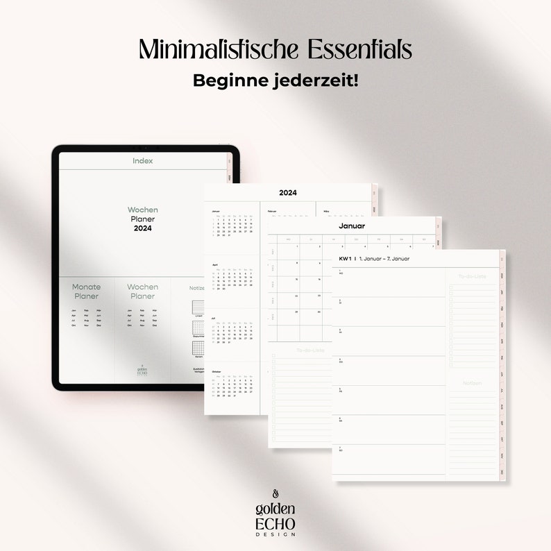 2024 Digitaler Planer Deutsch I Digitaler Wochenplaner | Wochen & Monate Digital Planner | Für iPad + Goodnotes | Minimalistischer Planer